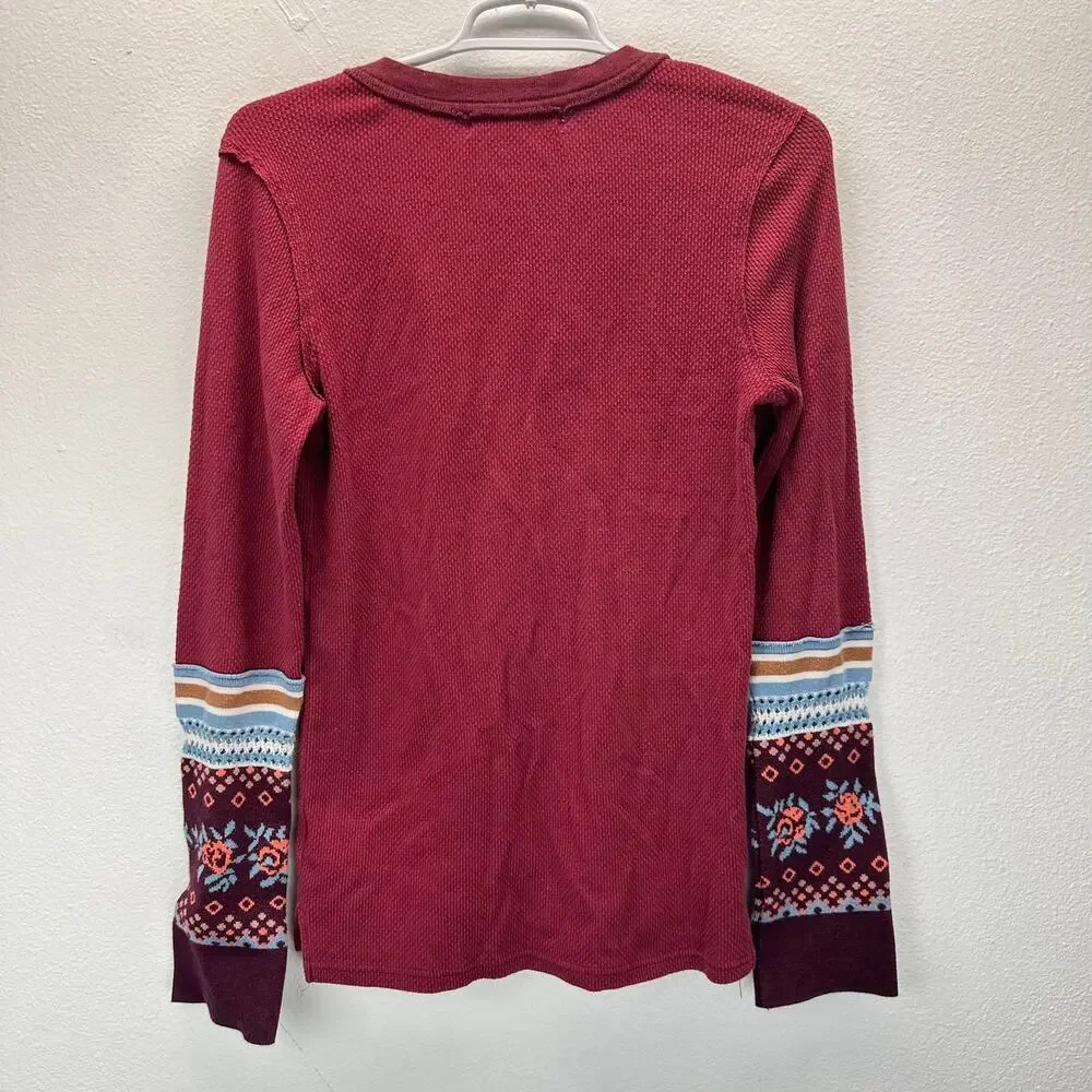 We the Free People Mikah Notch Neck Top Themal Long Sleeve Cuff L